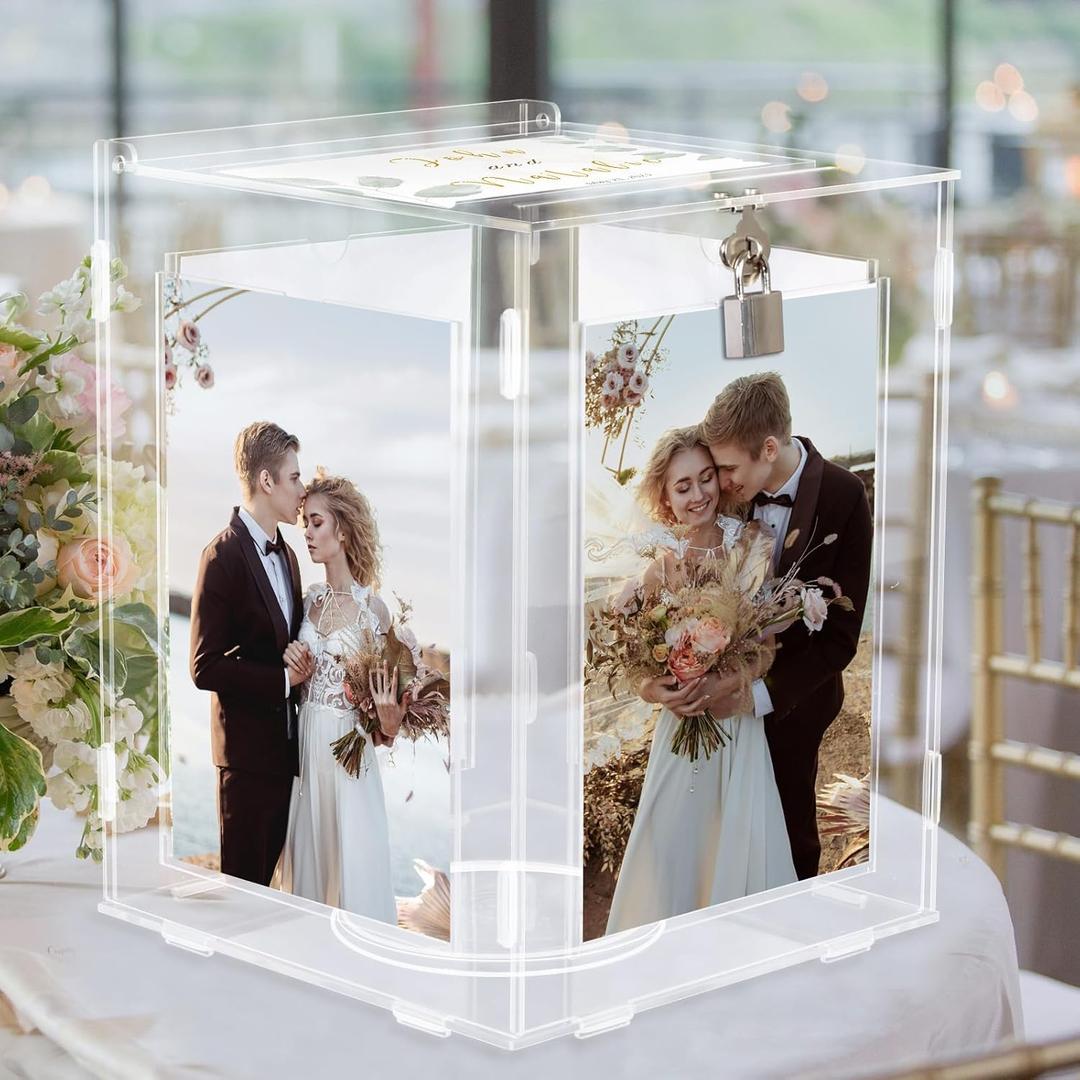 Acrylic Wedding Card Box with Picture Frame, Clear Gift Card Box for Wedding Reception, Large Rotatable Money Envelope Card Box Holder with Lock for Graduation Party Birthday Baby Shower