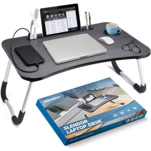 Slendor Lap Desk with Cup Holder, Foldable Laptop Table for Bed, Portable Bed Desk for Laptop and Writing, Computer Tray with Tablet Slot, Notebook Stand Reading Holder for Couch Sofa Floor,Black, 15.5"D x 23.6"W x 10.4"H