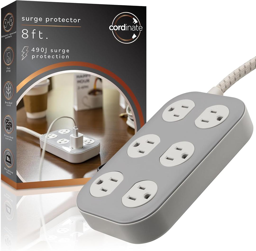 Cordinate Adapt 6 Widely Spaced Multiple Outlets Surge Protector Power Strip 8 ft Braided Extension Cord Flat Plug Electrical Extender for School Dorm Room Home Office 500 Joules, Gray, 80654