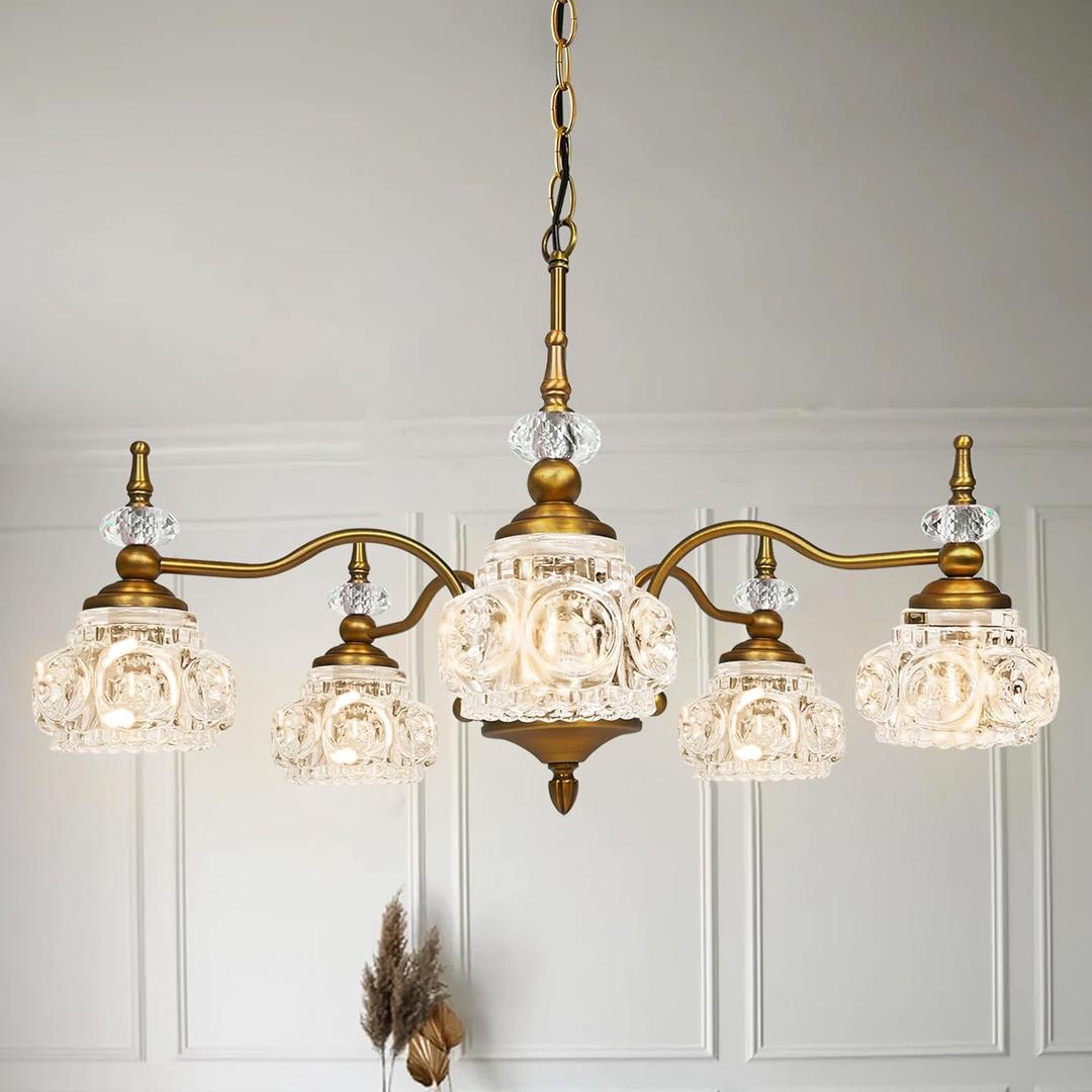 Montex Vintage Brass Pendant Light,Gold Vintage Chandelier Light Fixture 5 Lights,Include 6 Light Bulbs Glass Pendant Light Crystal Hanging Light (Large)