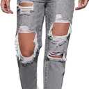 Women's High Waist Straight Leg Ripped Jeans Distressed Denim Pants (Black, XL)