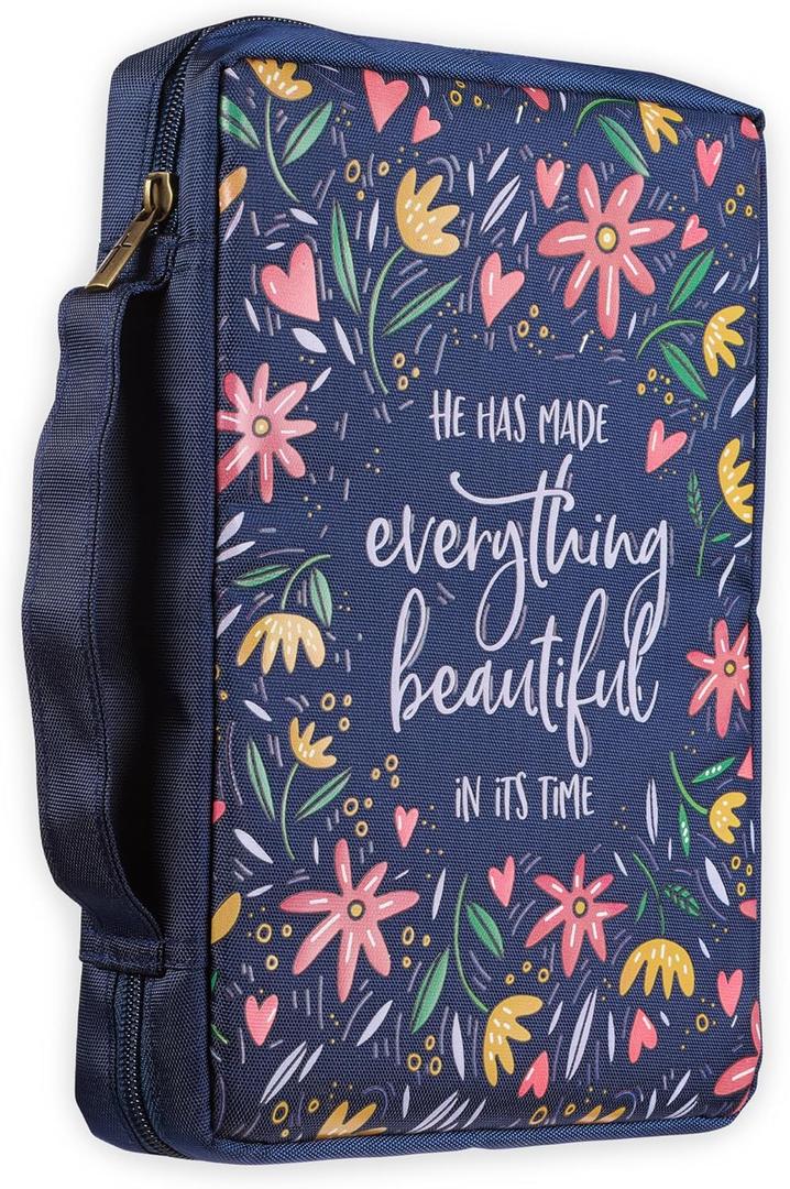 Christian Art Gifts Men/Women's Bible Cover Everything Beautiful Ecclesiastes 3:11, Blue Floral Canvas, Large