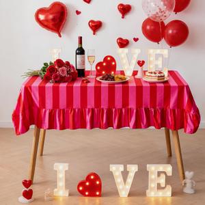 vctops Pink and Red Striped Tablecloth with Ruffle, Farmhouse Rectangle Decorative Table Cover for 4-6 Seat, Soft Velvet Washable Tablecloth for Baby Shower Party Kitchen Decor, 52"x70"