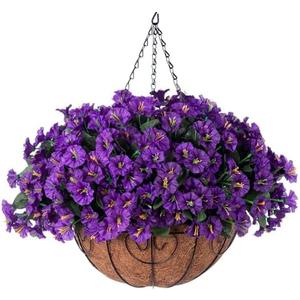 Artificial Fake Hanging Flowers Plants Basket for Outdoor Spring Summer Decoration, Faux Silk Flowers Outside Look Real Morning Glory UV Resistant for Porch Patio Balcony Garden Yard Home Purple