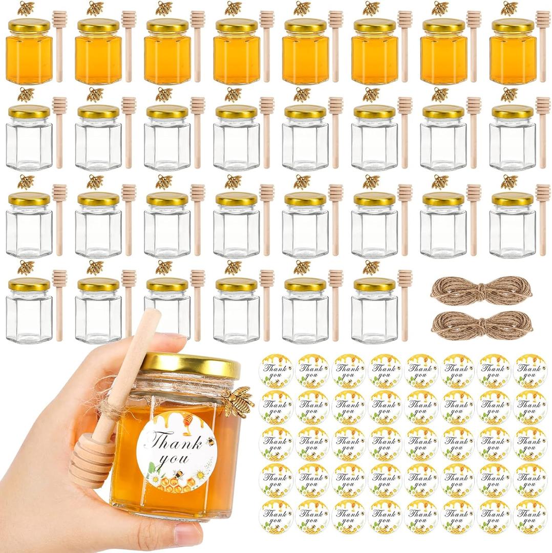 AuroTrends 3oz Mini Honey Jars with Dipper 30Pack, Empty Glass Jars for Baby Shower Favors/Wedding Favors for Guests- Mini Jar with Wooden Dippers