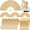10 Pack Glitter Large Rave Fans Bulk, Folding Handheld Organza Bag, Chinese Tai Chi Kung Fu Fan Gifts for Festivals Rainbow Outfits Edm Wedding Performance Dancing Party(Gold)