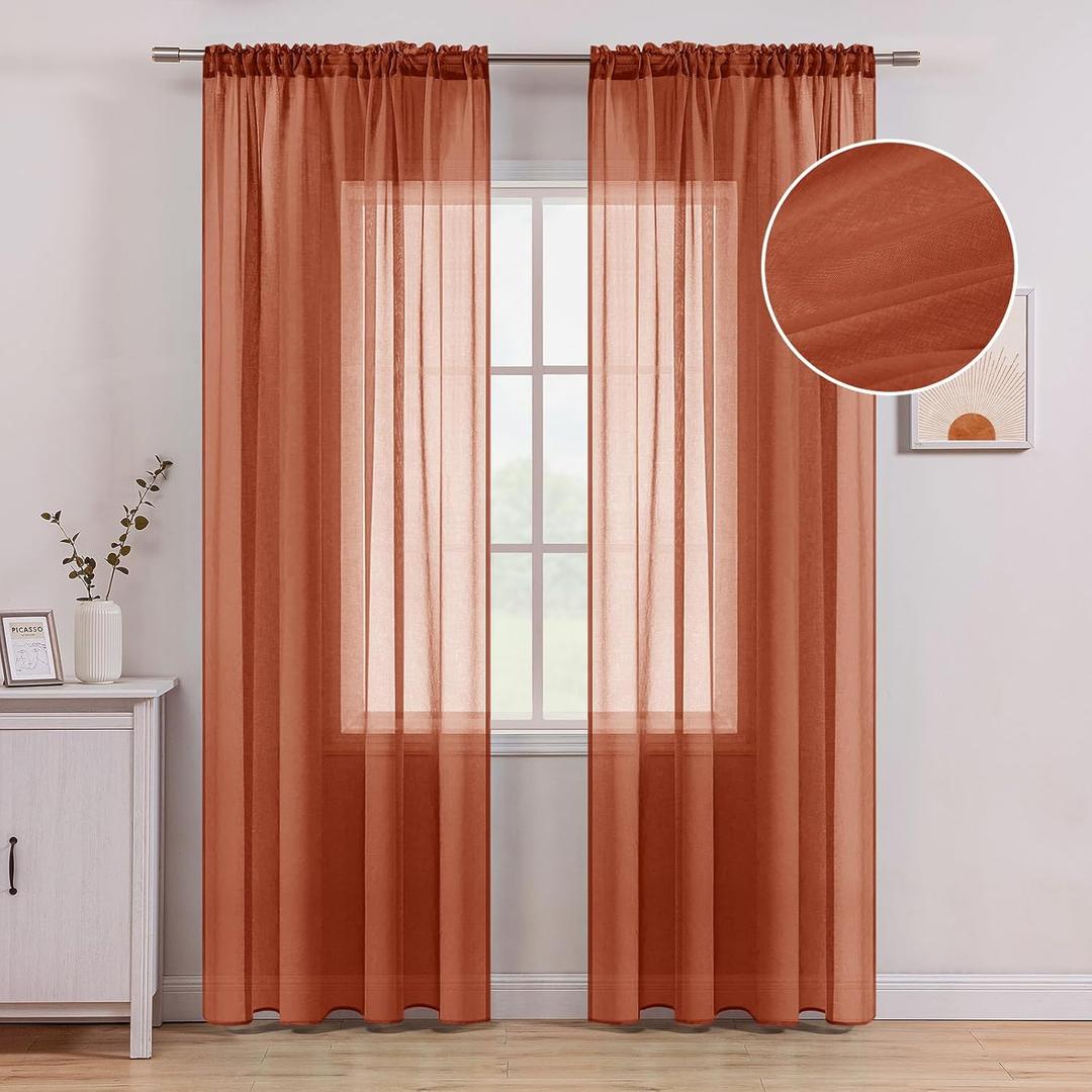 MIULEE Terracotta Linen Textured Sheer Curtains 2 Panels for Bedroom/Living Room Semi Transparent Voile Drapes Rust Boho Farmhouse Fall Decor Window Panels Rod Pocket, W 54 x L 96 Inches Long