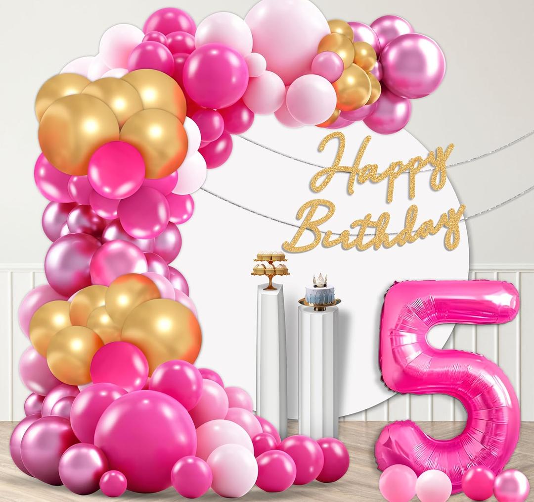 2 x Pink Birthday Balloon Arch Garland Kit - Hot Pink Gold Metallic Pink Balloons Happy Birthday Banner Party Decorations for Girl Princess(5 Years Old)
