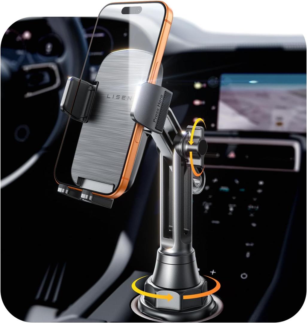 LISEN Upgraded Version Cup Holder Phone Holder 360 Adjustable Long Neck Car Phone Mount Golf Cart Phone Holder, Truck Jeep Accessories for iPhone 17 Air Pro Samsung Google and All 4-7'' Phone