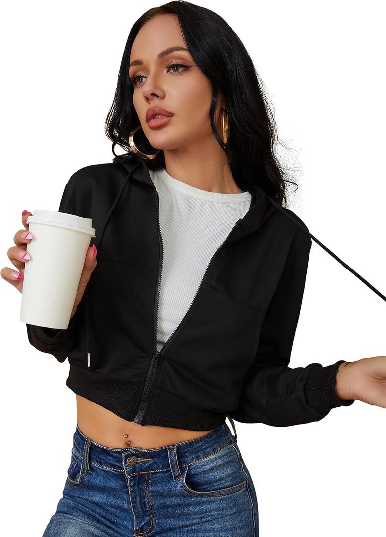 Women's Zip Up Hoodies Cropped Cardigan Jacket Drawstring Hooded Sweatshirts Casual Long Sleeve Top… (Black, L)