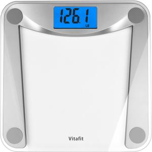 Vitafit Digital Bathroom Weight Scale for Body Weight, High Accuracy Assured by Weighing Professional Since 2001,Extra Large Blue Backlit LCD and Step-On, 400lb/182kg, Clear Glass