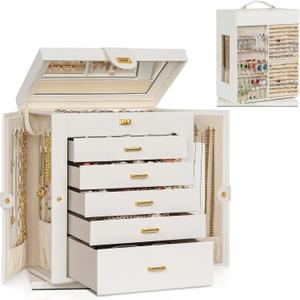 AKOZLIN Jewelry Box 6-Tier Organizer Functional 360 Rotating Jewelry Storage Case for Women Girls Ring Necklace Earring Bracelet Holder with Mirror