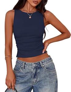 PRETTYGARDEN Women Going Out Tops Summer Clothes 2025 Trendy Split Hem Ruched Sleeveless Shirt Cute Y2K Tank Top(Navy, XX-Large)