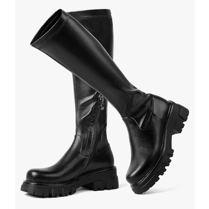 CouieCuies Women's Knee High Boots Black Tall Boot Lug Sole Shoes Stretch Below the Knee Comfortable Thick Sole Dressy Half Zipper Size 39