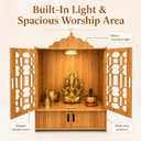 Wooden Pooja Mandir for Home with Doors - Temple Cabinet with LED Light and Storage Shelf for Hindu Worship, Living Room, Bedroom, Office