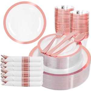 Liacere 350PCS Rose Gold Plastic Plates - Clear with Rose Gold Rim for 50Guests Dinnerware - Include 100 Plates disposable 150 PCS Silverware 50 Napkins for WeddingParty