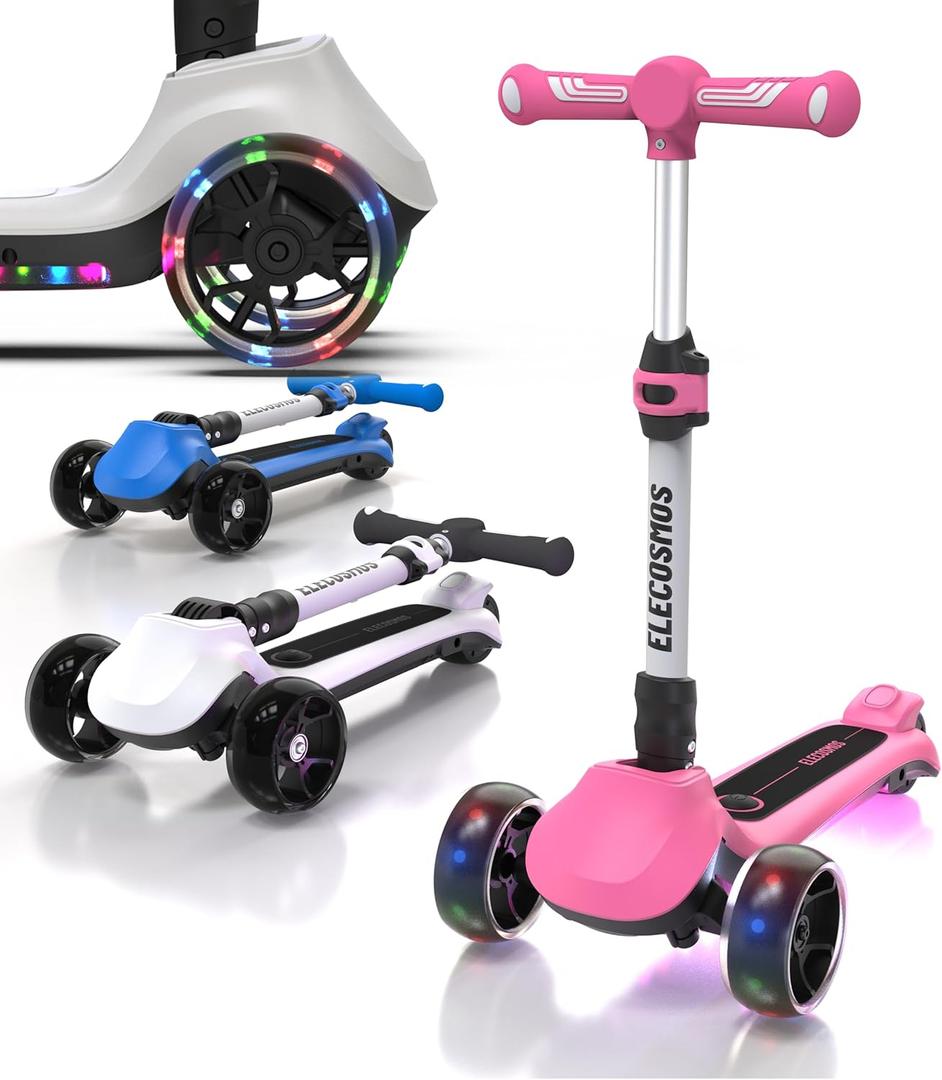 Kids Electric Scooter for Age 4-9, Light Up 3-Wheeled Scooter with Big LED Wheels, Wide Flashing Deck, Adjustable Height (Pink)