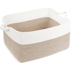 ZLG Extra Large Rectangle Storage Basket 72L Rope Blanket Basket Living Room Pillow Basket Baby Toy Organizer Woven Storage Bin for Kids with Handles Dirty Clothes Storage Hamper, 22 x 17 x 12 inches (White&Brown)
