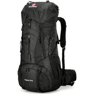 75L Hiking Backpack with Rain Cover Waterproof Camping Backpack Shoes Warehouse for Men Women, Frameless (Black)