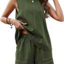Women's Two Piece Short Sets Summer Linen Lounge Sets Sleeveless Tank Top and Elastic Waist Shorts With Pockets, X-Large, Army Green