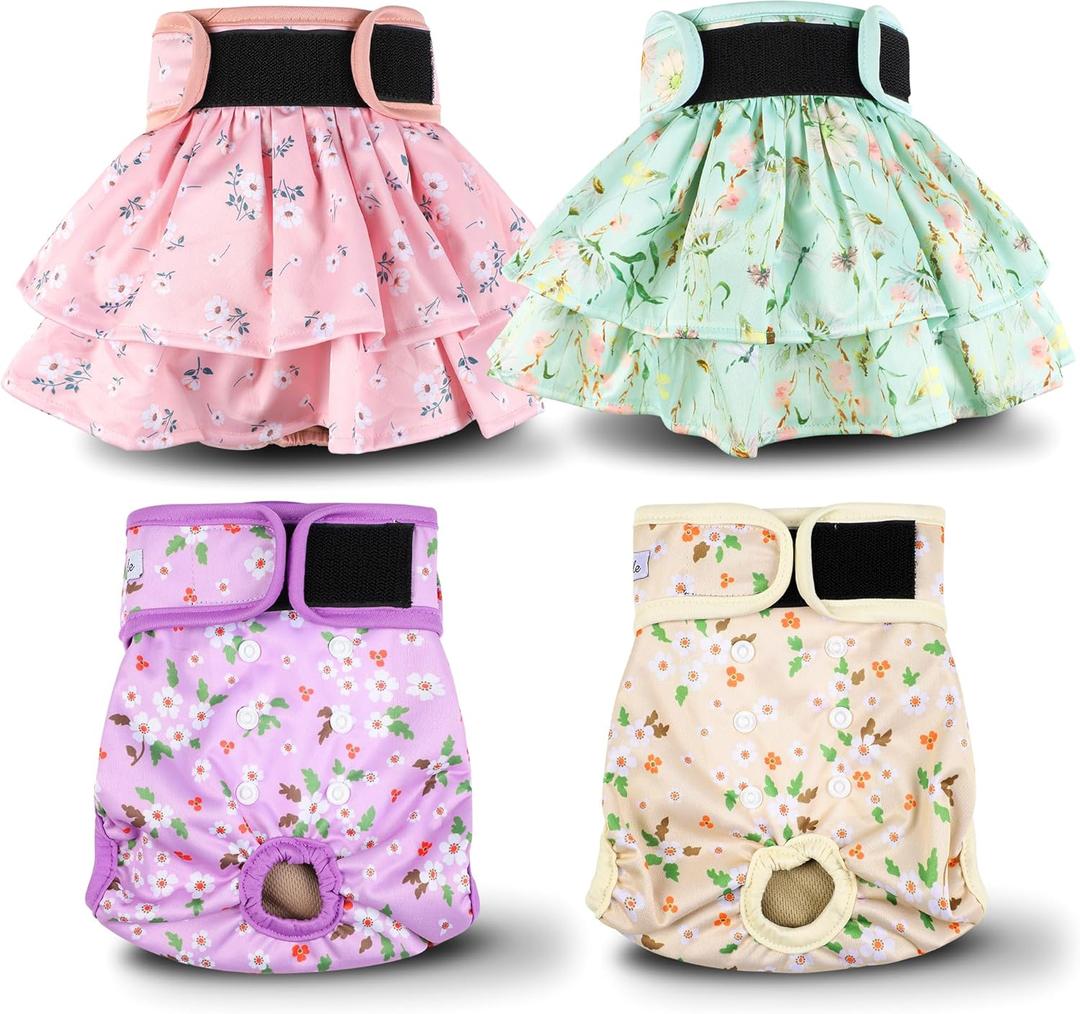 Washable Female Dog Diapers Skirt(4 Pack) - Reusable Doggie Diapers with Adjustable Snaps, High Absorbency Leak-Proof Puppy Diapers for Female Dog in Heat, Period, Incontinence XL (Flowers)