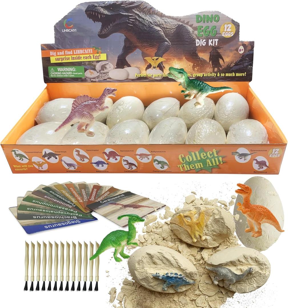 Dino Eggs Dig Kit 12Pcs Dinosaur Excavation Bricks Toys Archaeology Science STEM Experiments Toy Egg Hunt Party Gift for Kids 6-12 Years Old and Up Boys Girls