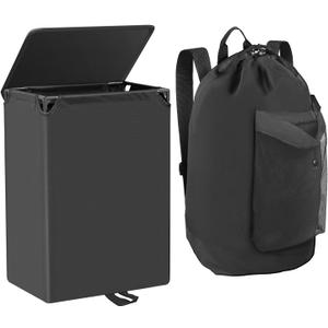 60L 2-in-1 Laundry Hamper with Laundry Backpack, Waterproof Basket with Lid, Laundry Bag with Shoulder Straps and Mesh Pocket, Hamper for College Dorm, Travel, Apartment, Laundromat (Black)
