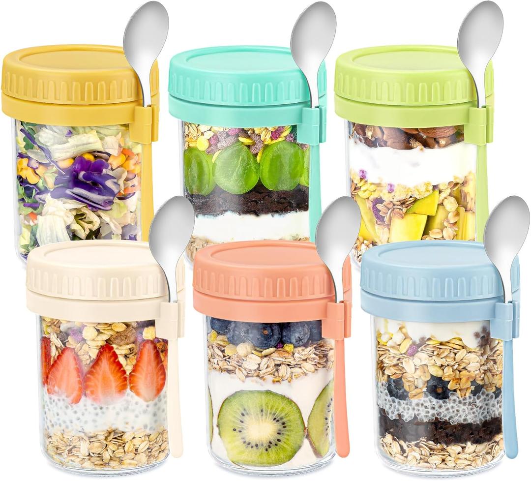 4 x DRKIO 6 Pack Overnight Oats Containers with Lids and Spoons 16 Oz Glass Mason Jars for Overnight Oats Leak Proof Oatmeal Container Great for Cereal Fruit Vegetable Milk Salad Yogurt Meal Prep