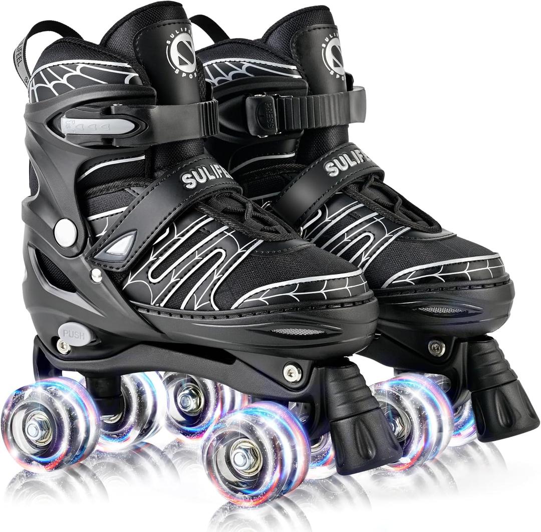 SULIFEEL Adjustable Kids Roller Skates for Boys Ages 3-5 5-8 6-12 with 4 Sizes Adjustable Light up Wheels, Best Children Gift for Beginners Indoor Outdoor Sports (Small - Little Kid, C Spider Black)