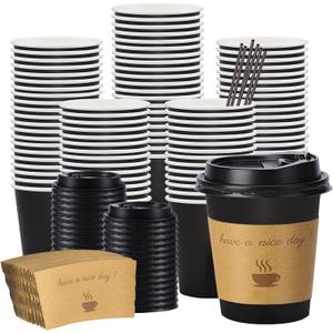 BYSNOW 100 pack 10 oz Thickened Coffee Cups with Lids, Scald Resistant Hot Cups with Sleeve and Straw, To Go Coffee Cups for Home, Office, Cafes and Party (Black 10oz)