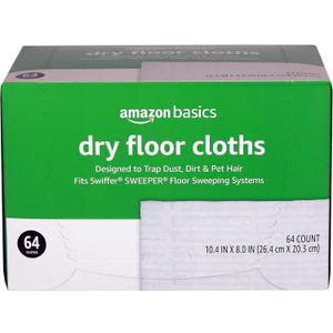 Amazon Basics Dry Sweeping Cloths for Floor Cleaning, Pet Hair, Dust, Dirt, Multi-Surface, Disposable, Fits Swiffer Sweeper Mop Heads, 64 Count