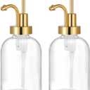 2 Pack Thick Clear Glass Jar Soap Dispenser with Gold Pump, 17oz Clear Boston Round Bottles Dispenser with Rustproof Pump