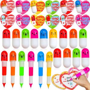 28 Pack Valentines Day Gifts for Kids Classroom with Retractable Pens, Valentines Day Cards for Kids School Class Prizes Valentine Classroom Exchange Gift Boys Girls Valentine Stationery Party Favors