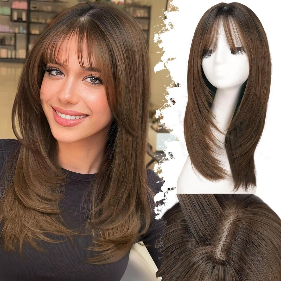 Eawwii Beginner-Friendly Wig with Bangs for Women Brown Straight Face-Framing Layers Hairstyle 4x4 Realistic Scalp Glueless Synthetic Wigs Medium Length for Everyday Use