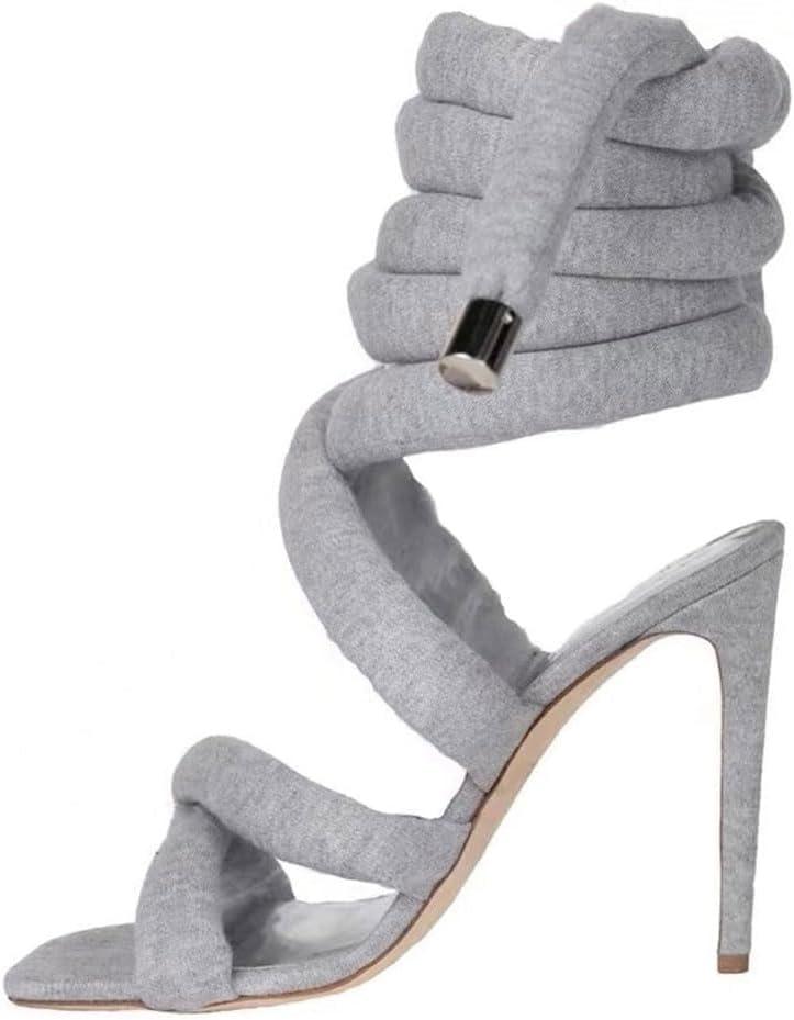 LingxiaUne Lace Up Heels Strappy Heels With Sexy Open Toe Square Stiletto Heel Sandals Fashionable Elegant (6, Grey)