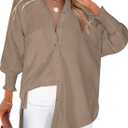 Wolddress Women's Striped Button Down Shirts Smocked Long Sleeve V Neck Summer Coverup Blouse Tops