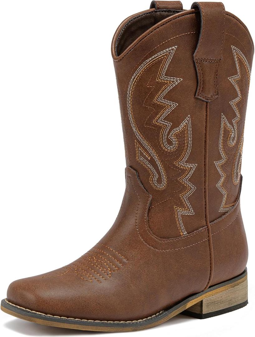 LAURMOSA Boys Cowboy Boots Western Square Toe Boots, Pull-On Mid Calf Embroidered Boots for Toddler Little Big Kid (Brown, Size: 6 Big Kid)