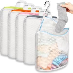 5Pcs Hanging Laundry Bags for Socks with S Hooks,12 X 10 inch 5 Color Mesh Laundry Bags for Washing Machine