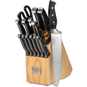 Professional 15-Piece German High Carbon Stainless Steel Kitchen Knife Set, Ocean Series Premium Forged Full Tang Chef Knives Set with Rubber Wood Block, Black