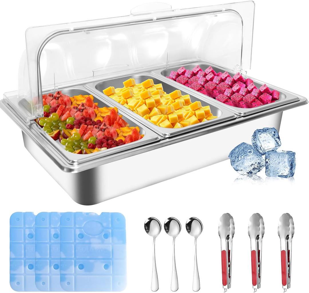 Countertop Ice Food Serving Display Tray with 3 Pan, Portable Salad Bar Buffet Station for Home, Cold Food Buffet Server, Pizza Topping Station, Cold Buffet Table Serving Station for Party