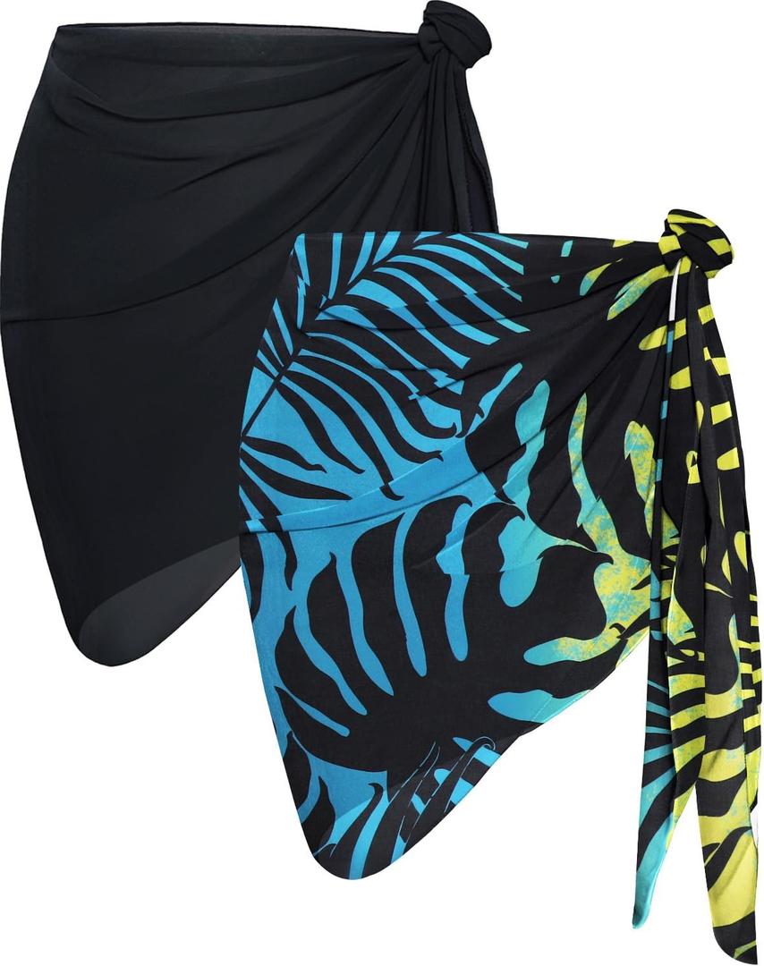 CHICGAL 2 Pieces Women Beach Sarong Bathing Suit Wrap Skirt Sheer Bikini Swimsuit Cover Ups for Swimwear (Black and Yellow Blue Leaf)