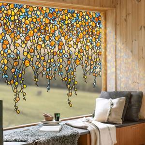funlife Original Hand-Drawn Faux Stained Glass Window Film, Double-Sided Static Cling Window Clings, Boho Sunset Pearl Vine Window Hanging Cling Decorative Window Film, 62.99"x37.40"