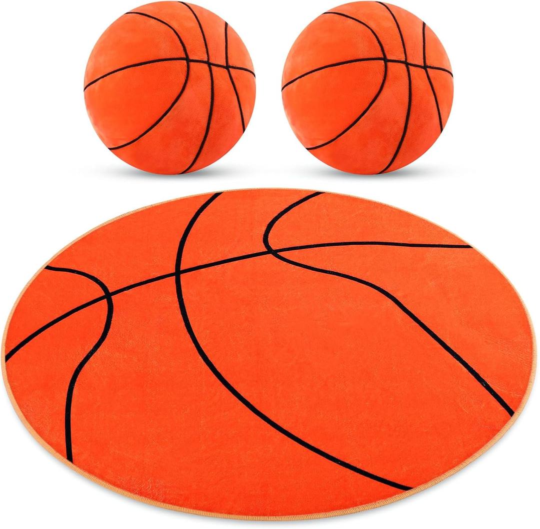 Nuanchu 3 Pcs Basketball Plush Pillows and Basketball Rug for Boys Room Decor Fluffy Soft Stuffed Sports Throw Pillows Round Carpet Area Rug for Bedroom Decor