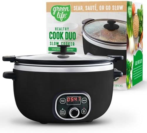 GreenLife 6QT Slow Cooker, Non-Toxic PFAS-Free Ceramic Nonstick Removable Interior Bowl, Programmable, Family Friendly, Keep Warm, Stovetop & Oven Safe, Dishwasher Safe Parts, Timer, Glass Lid, Black