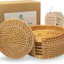 Handmade Natural Rattan Coasters for Drinks, Wicker Boho Woven Coasters Set of 6 with Holder | Heat Resistant Reusable Saucers, Round Straw Trivet for Teacup