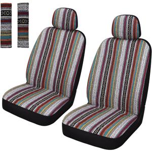 Pariitadin Baja Saddle Blanket Car Seat Covers Front Set with Seat Belt Pads, Washable Breathable Striped Woven Cloth Seat Covers for Cars, Universal Fit Most Cars, Airbag Compatible, Red