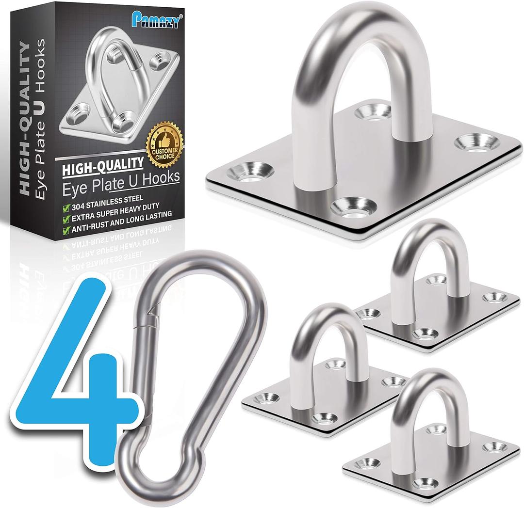4 PCS M6 Premium Heavy Duty Square Stainless Steel Pad Eye Hooks + 4 Snap Hooks, 16 Screws With Plastic Expansion Tubes, Ceiling Hook for Outdoor Indoor Activity