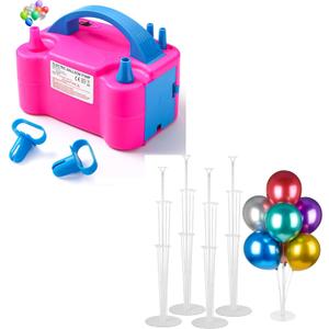 Voircoloria Balloon Pump Electric with 4 Sets Balloon Stand Kits, Portable Automatic Dual Nozzle Inflator 110V 600W with Tying Tools for Birthday Gender Reveal Baby Shower Balloons Party Decorations