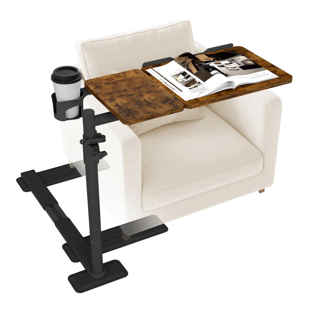 YUHFERA Swivel Table for Recliner Chair with Tilting Top, Adjustable Laptop Side Table for OverCouch & Sofa, Slide Under Tray Tables for Eating & Reading, Armchair Desk (Rustic Brown)