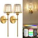 Battery Operated Crystal Wall Sconce Set of 2, Gold Rechargeable Wireless Wall Sconces with Remote Dimmable 12 Colors Modes Led Wall Lights, Wall Lamp for Bedroom Living Room Hallway, 2 Bulbs Included